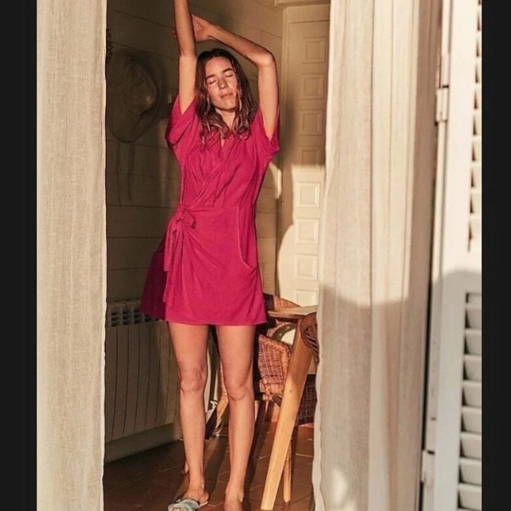 Free People Sensual Safari Linen Wrap Dress‎ Raspberry Pink Fuchsia XS